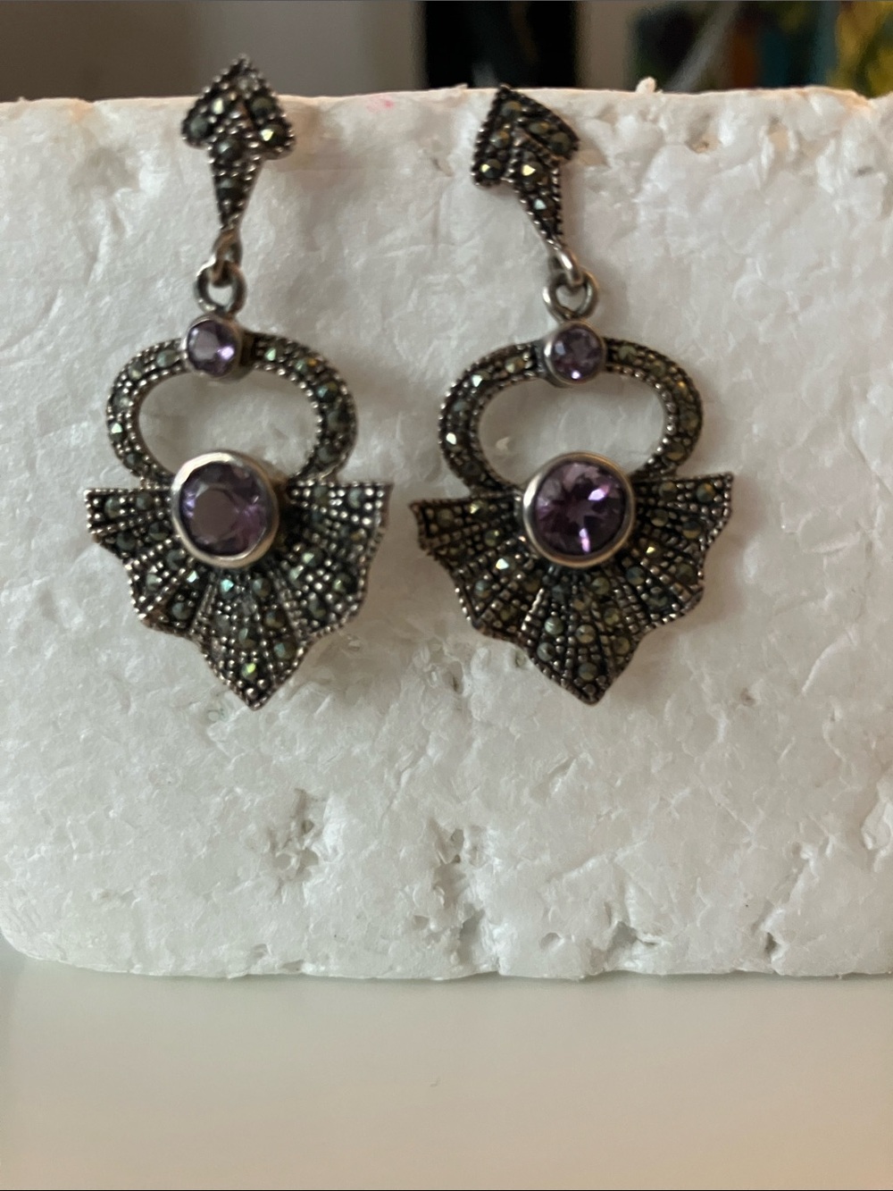 Sterling Silver Fan Drop Earrings with Amethysts